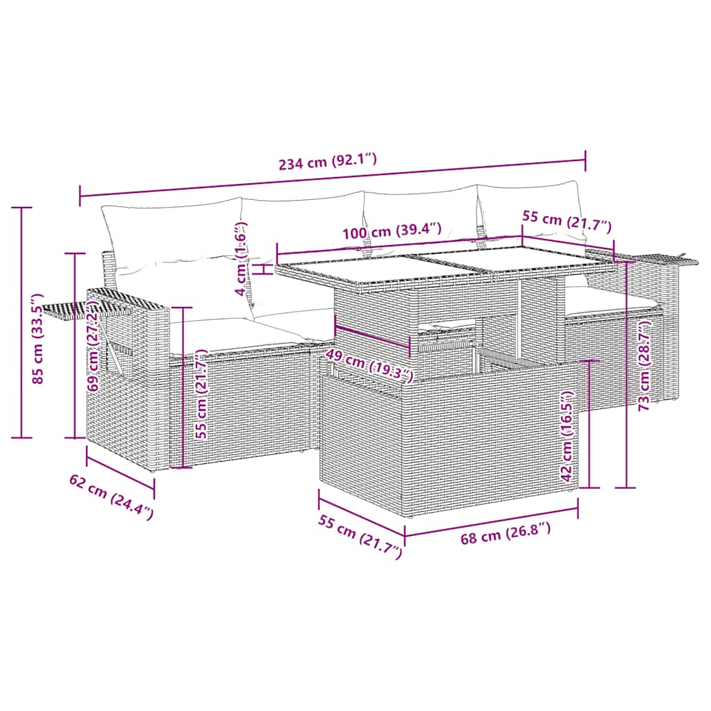 5-tlg. Garten-Sofagarnitur mit Kissen Grau Poly Rattan
