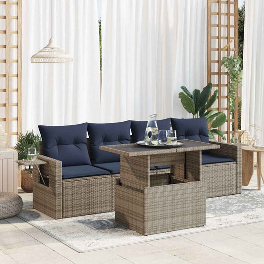 5tlg. Garten-Sofagarnitur mit Kissen Grau Poly Rattan