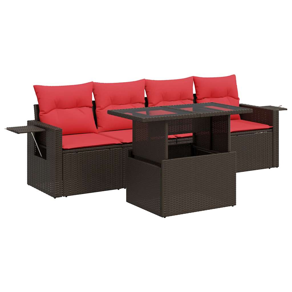 5-tlg. Garten-Sofagarnitur mit Kissen Braun Poly Rattan Akazie