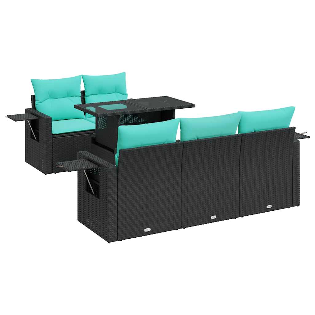 6-tlg. Garten-Sofagarnitur mit Kissen Schwarz Poly Rattan Akazie