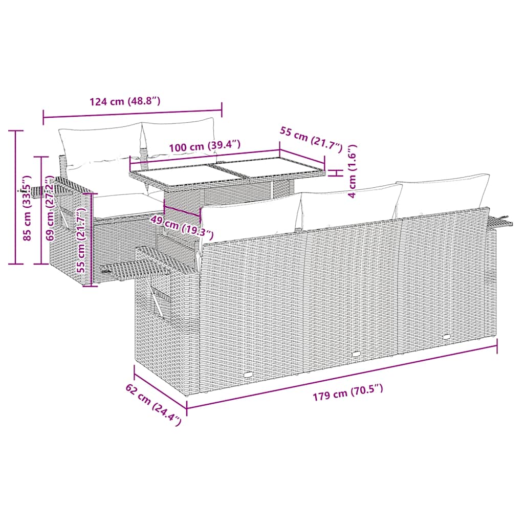 6-tlg. Garten-Sofagarnitur mit Kissen Beige Poly Rattan