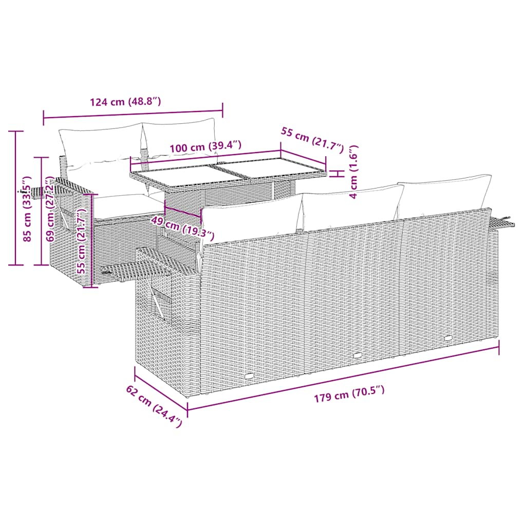 6-tlg. Garten-Sofagarnitur mit Kissen Grau Poly Rattan