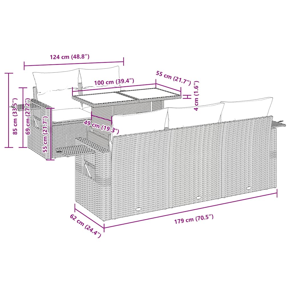 6-tlg. Garten-Sofagarnitur mit Kissen Braun Poly Rattan