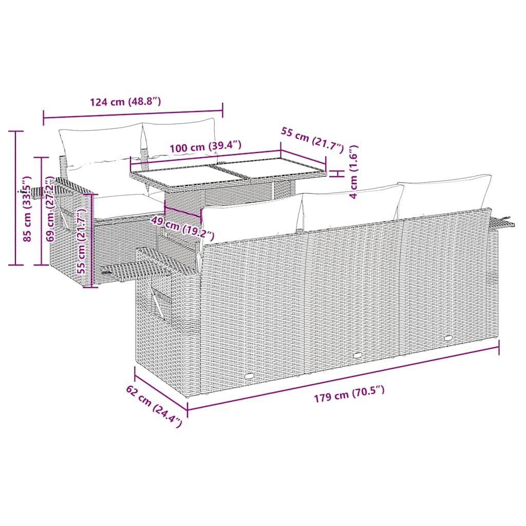 6-tlg. Garten-Sofagarnitur mit Kissen Braun Poly Rattan Akazie