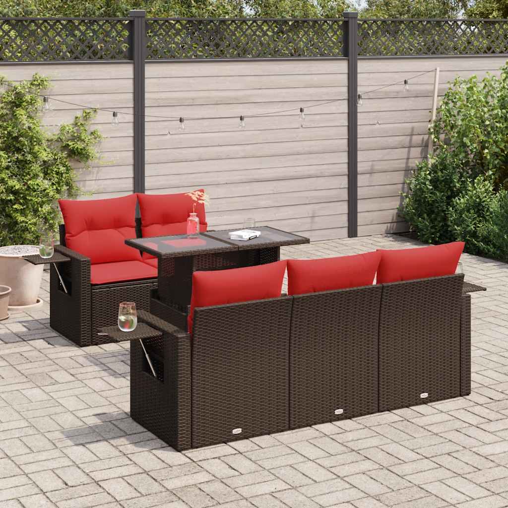 6-tlg. Garten-Sofagarnitur mit Kissen Braun Poly Rattan Akazie