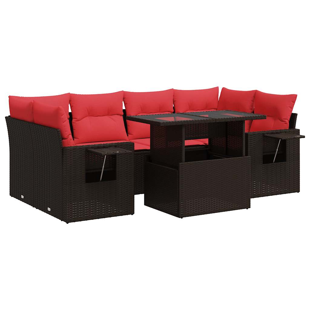7-tlg. Garten-Sofagarnitur mit Kissen Braun Poly Rattan Akazie