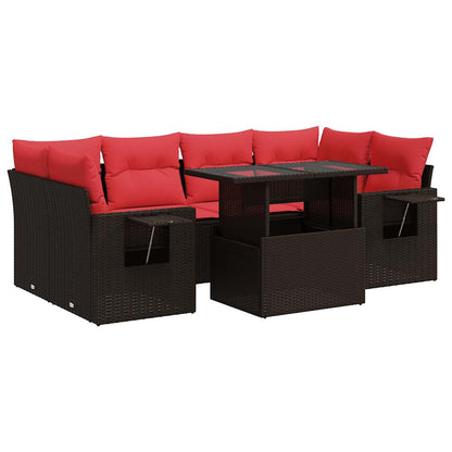 7-tlg. Garten-Sofagarnitur mit Kissen Braun Poly Rattan Akazie