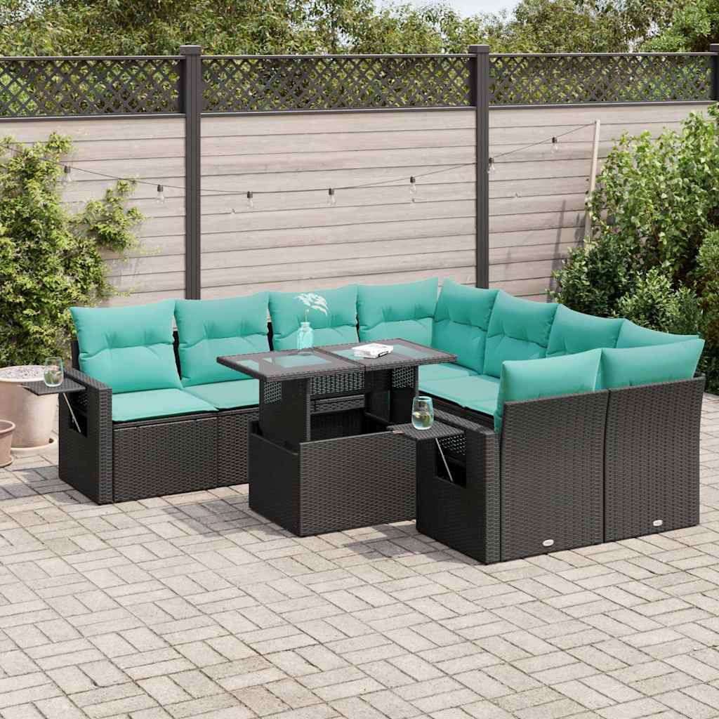 9-tlg. Garten-Sofagarnitur mit Kissen Schwarz Poly Rattan Akazie
