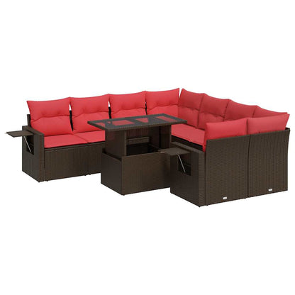 9-tlg. Garten-Sofagarnitur mit Kissen Braun Poly Rattan Akazie