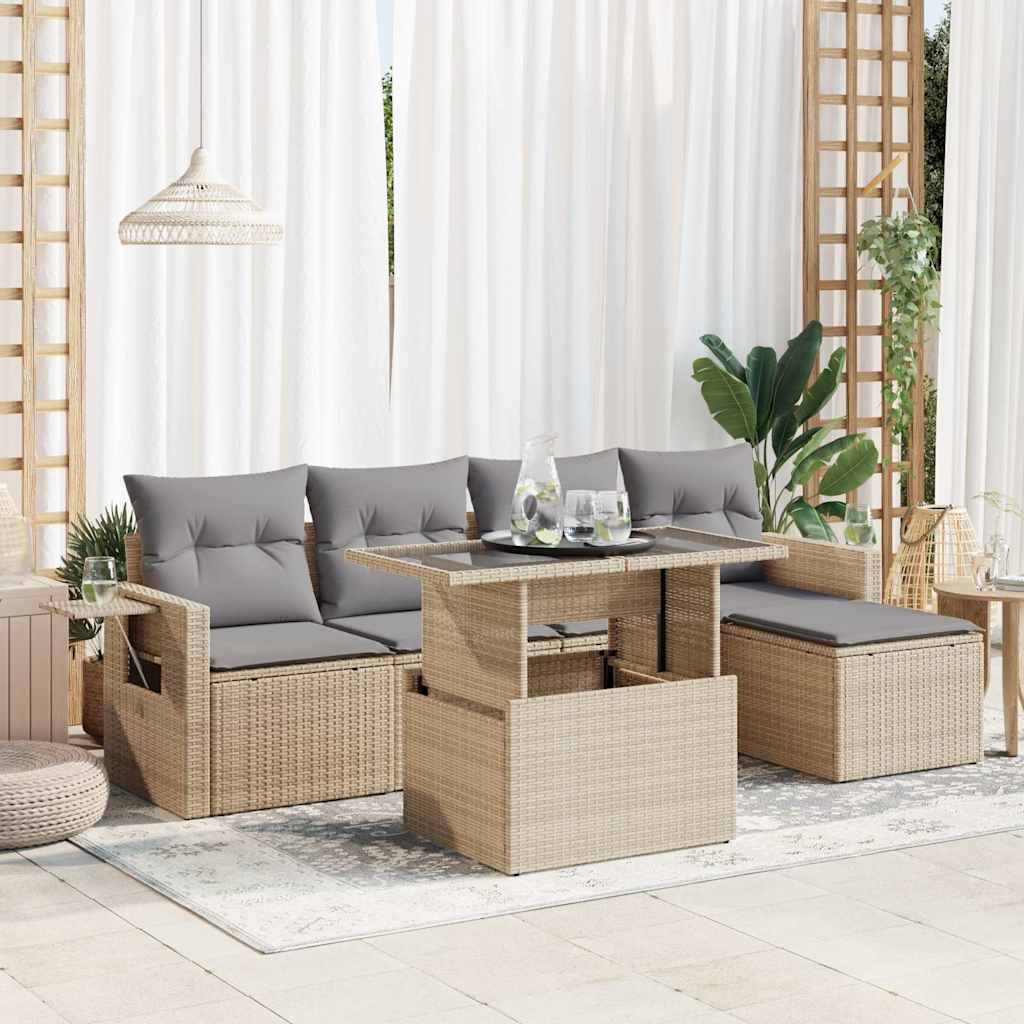 6-tlg. Garten-Sofagarnitur mit Kissen Beige Poly Rattan