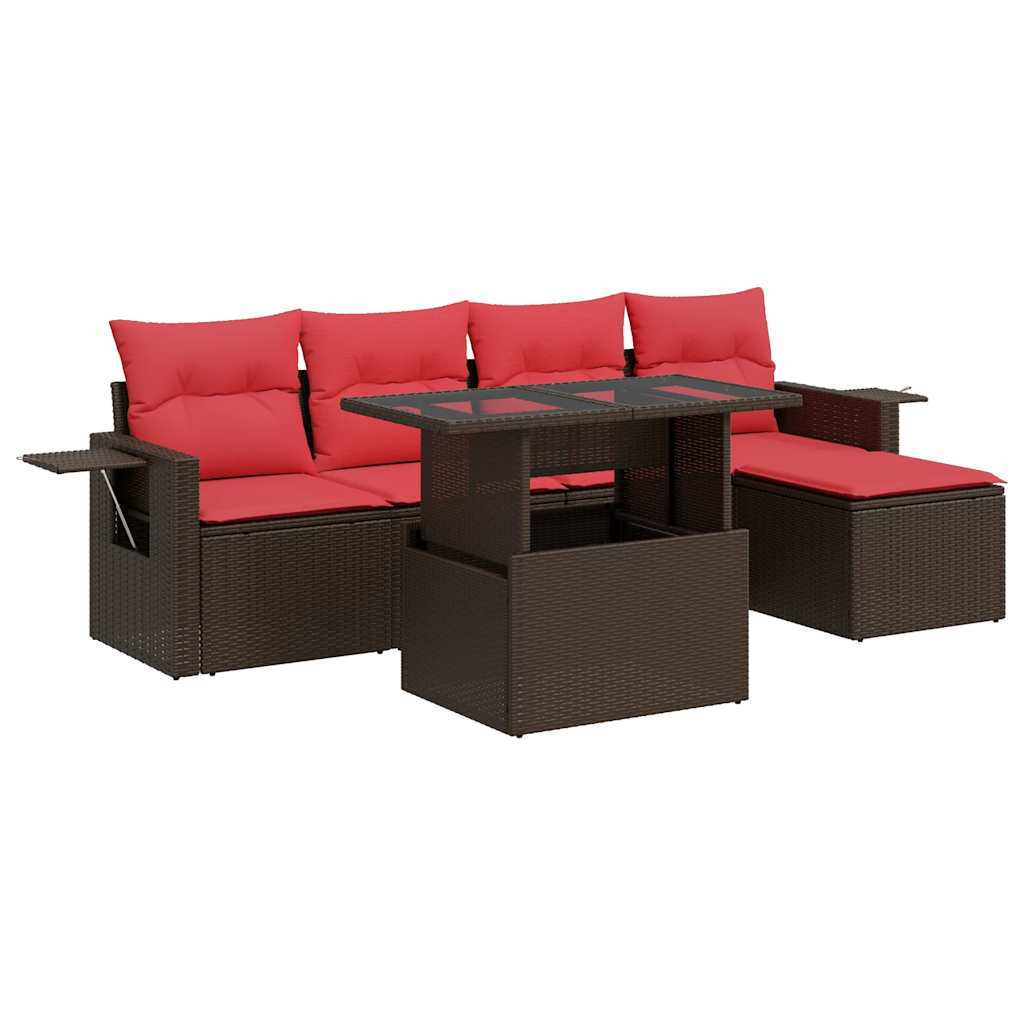 6-tlg. Garten-Sofagarnitur mit Kissen Braun Poly Rattan Akazie