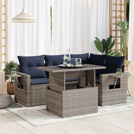 5 pièces Ensemble de canapé de jardin avec coussins en polyrotin et acacia noir