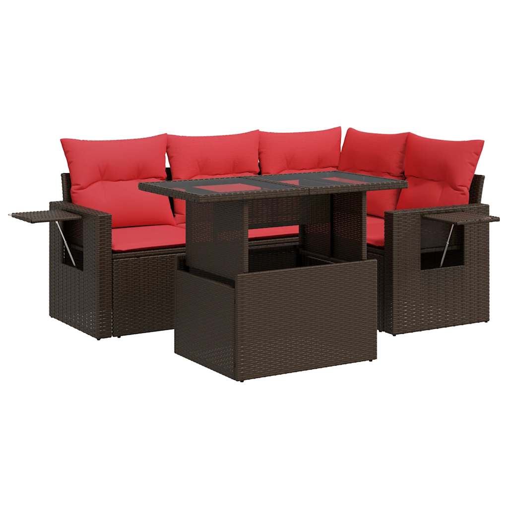 5-tlg. Garten-Sofagarnitur mit Kissen Braun Poly Rattan Akazie