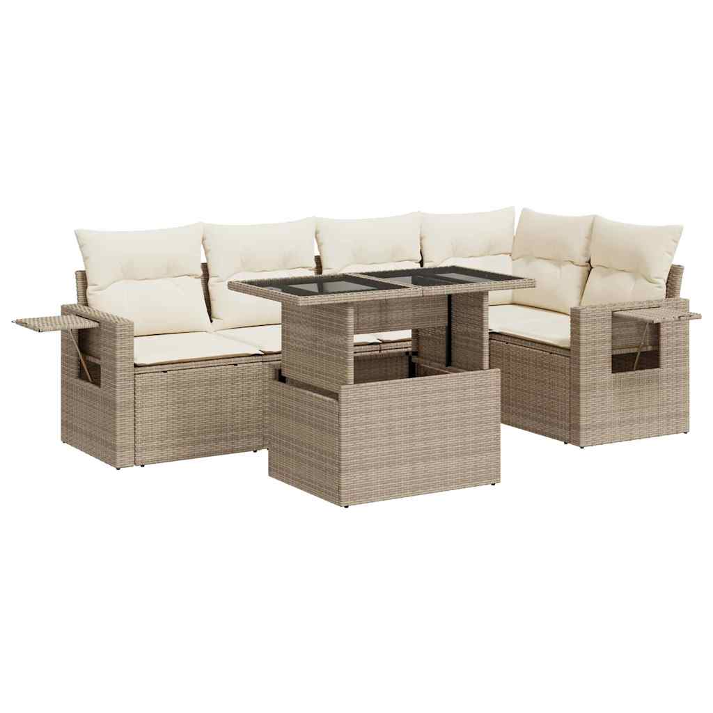 6-tlg. Garten-Sofagarnitur mit Kissen Beige Poly Rattan