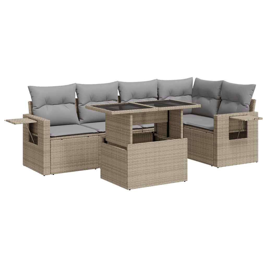 6-tlg. Garten-Sofagarnitur mit Kissen Beige Poly Rattan