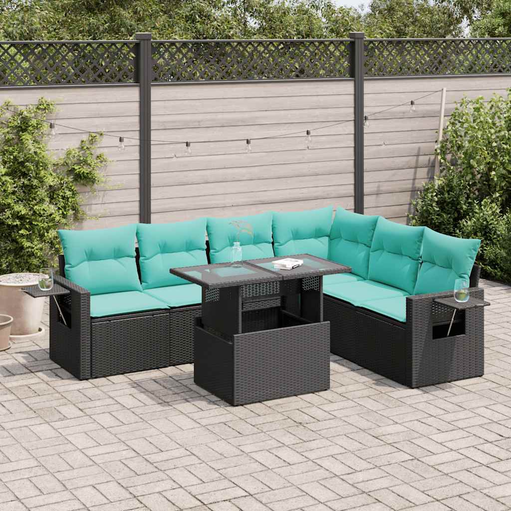 7-tlg. Garten-Sofagarnitur mit Kissen Schwarz Poly Rattan Akazie