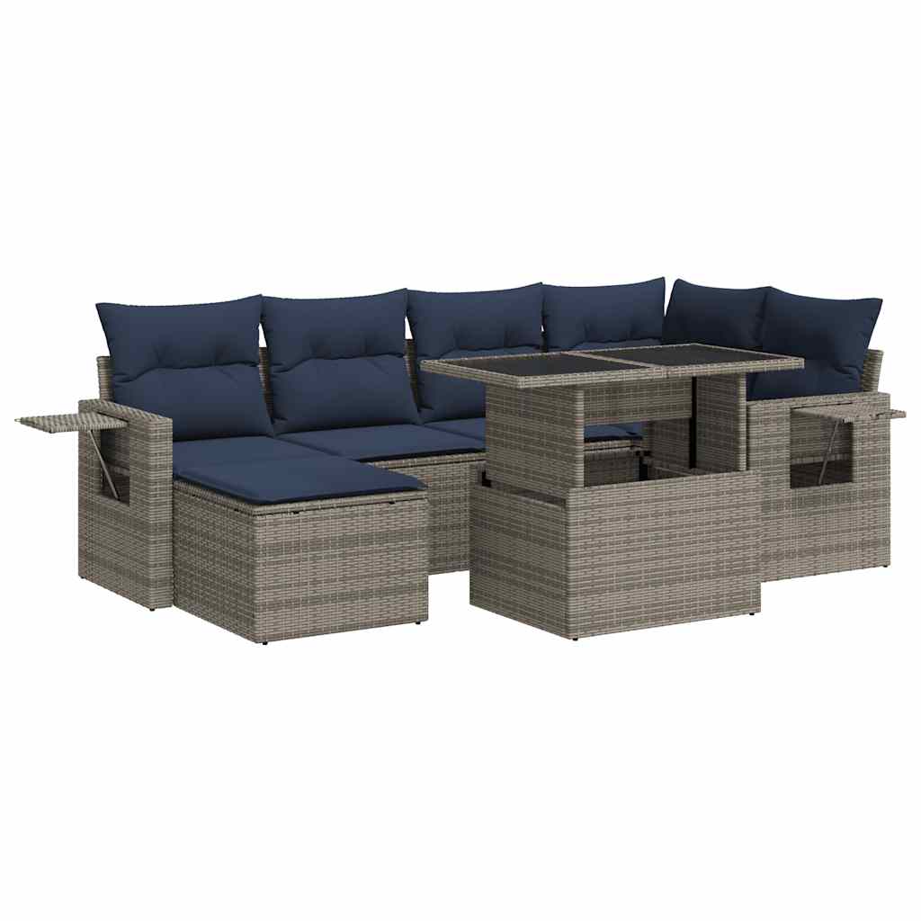 7-tlg. Garten-Sofagarnitur mit Kissen Grau Poly Rattan Akazie