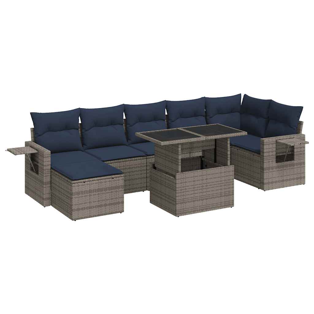 8-tlg. Garten-Sofagarnitur mit Kissen Grau Poly Rattan Akazie