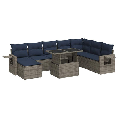9-tlg. Garten-Sofagarnitur mit Kissen Grau Poly Rattan Akazie