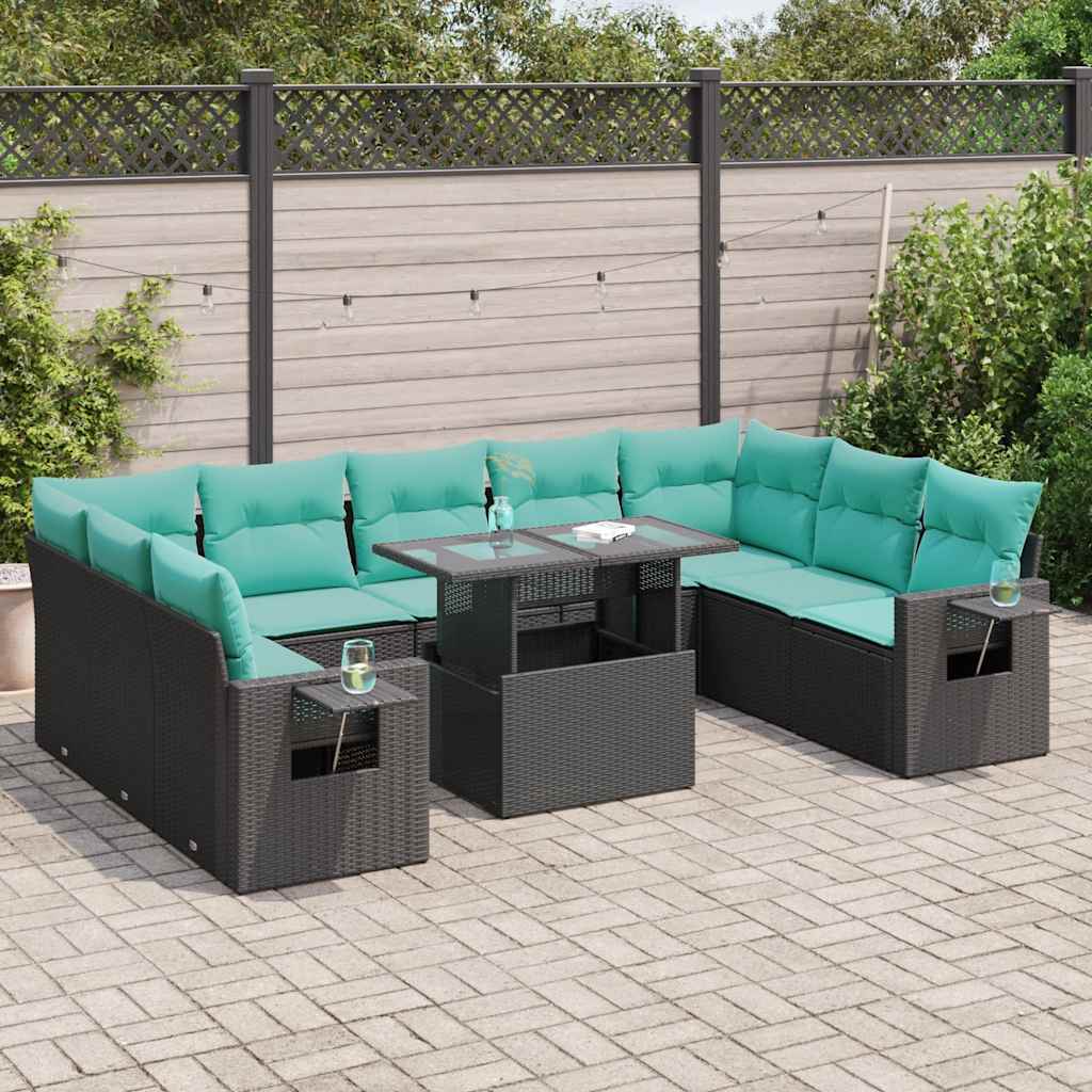 10-tlg. Garten-Sofagarnitur mit Kissen Schwarz Poly Rattan