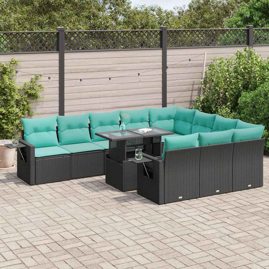 11-tlg. Garten-Sofagarnitur mit Kissen Schwarz Poly Rattan