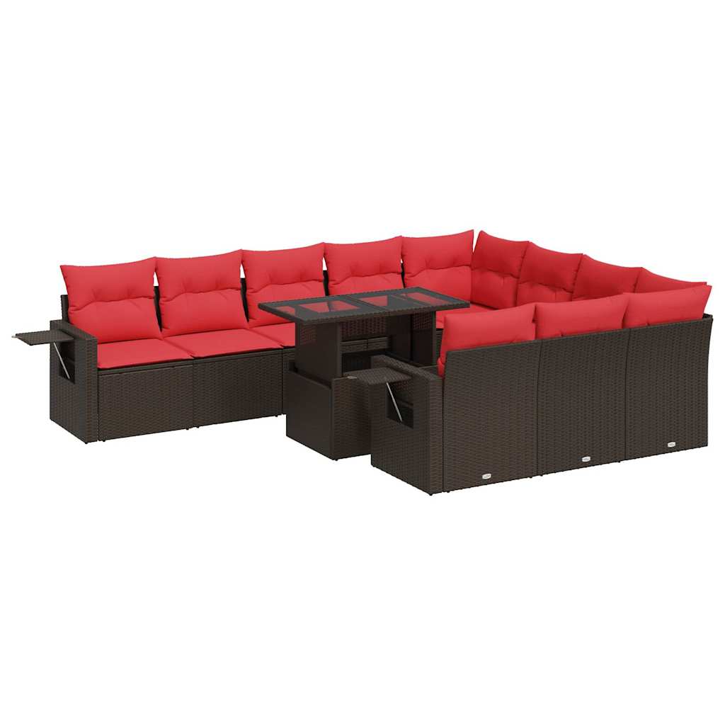 11-tlg. Garten-Sofagarnitur mit Kissen Braun Poly Rattan Akazie