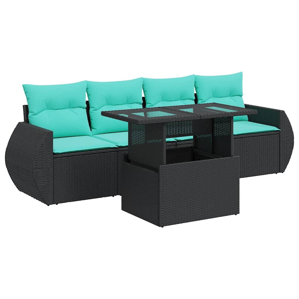 5tlg. Garten-Sofagarnitur mit Kissen Schwarz Poly Rattan Akazie