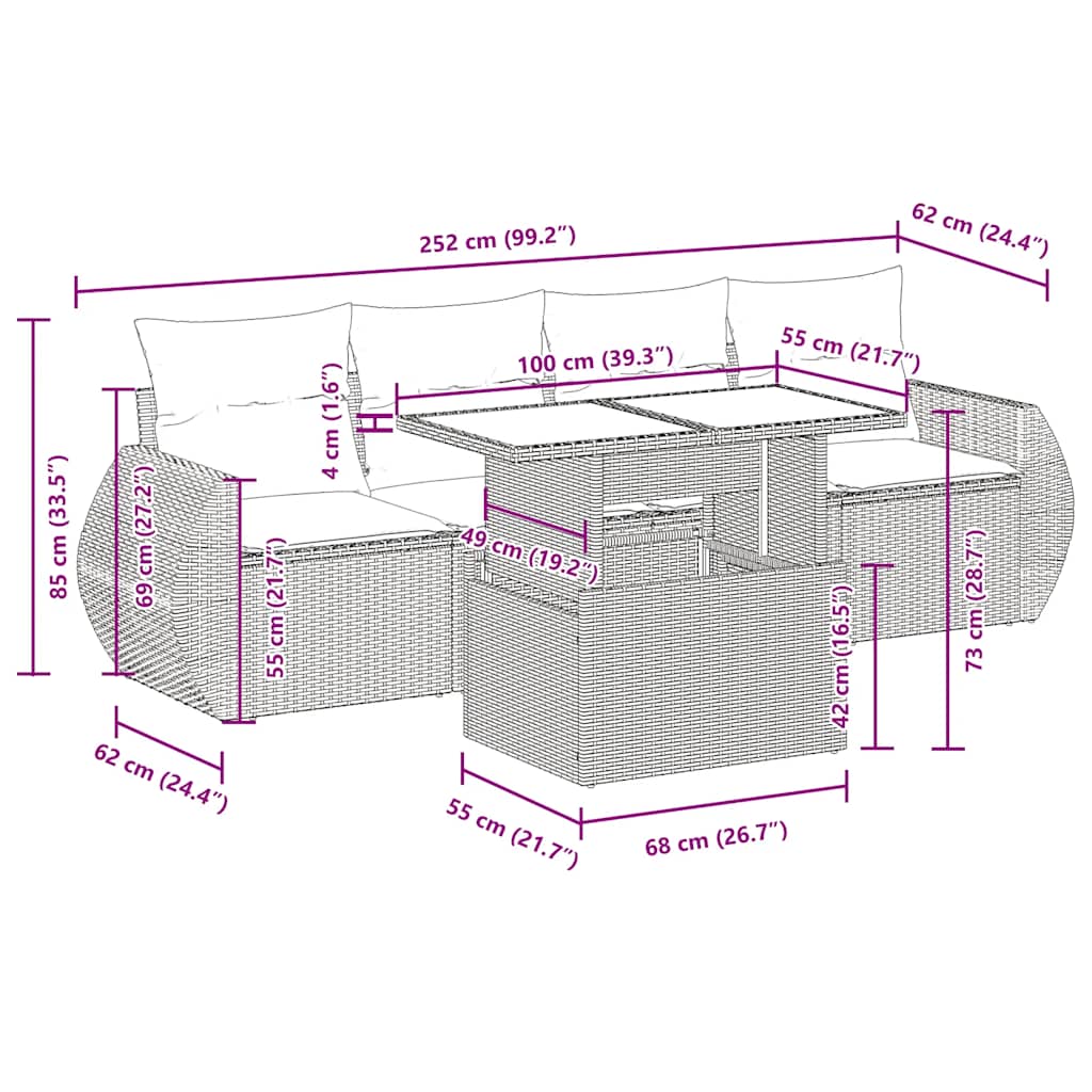 5-tlg. Garten-Sofagarnitur mit Kissen Braun Poly Rattan