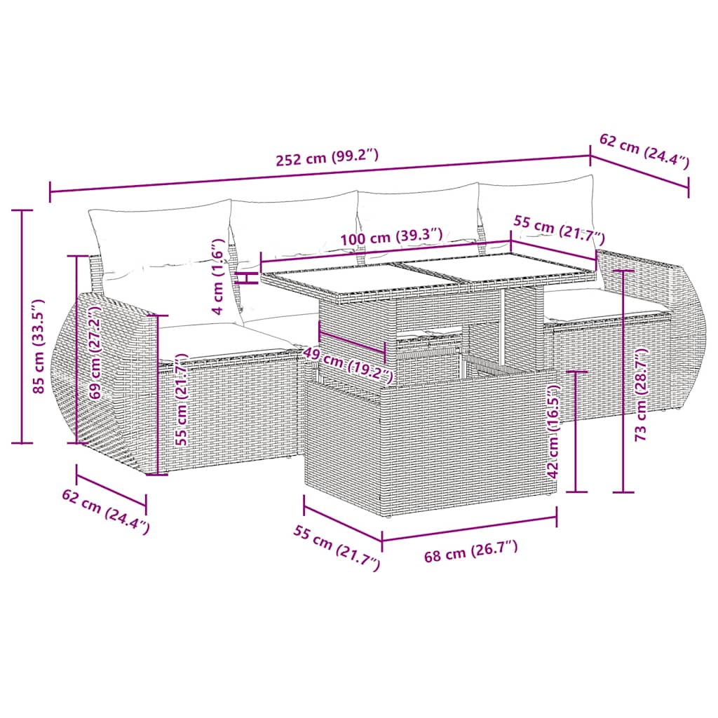 5-tlg. Garten-Sofagarnitur mit Kissen Braun Poly Rattan Akazie