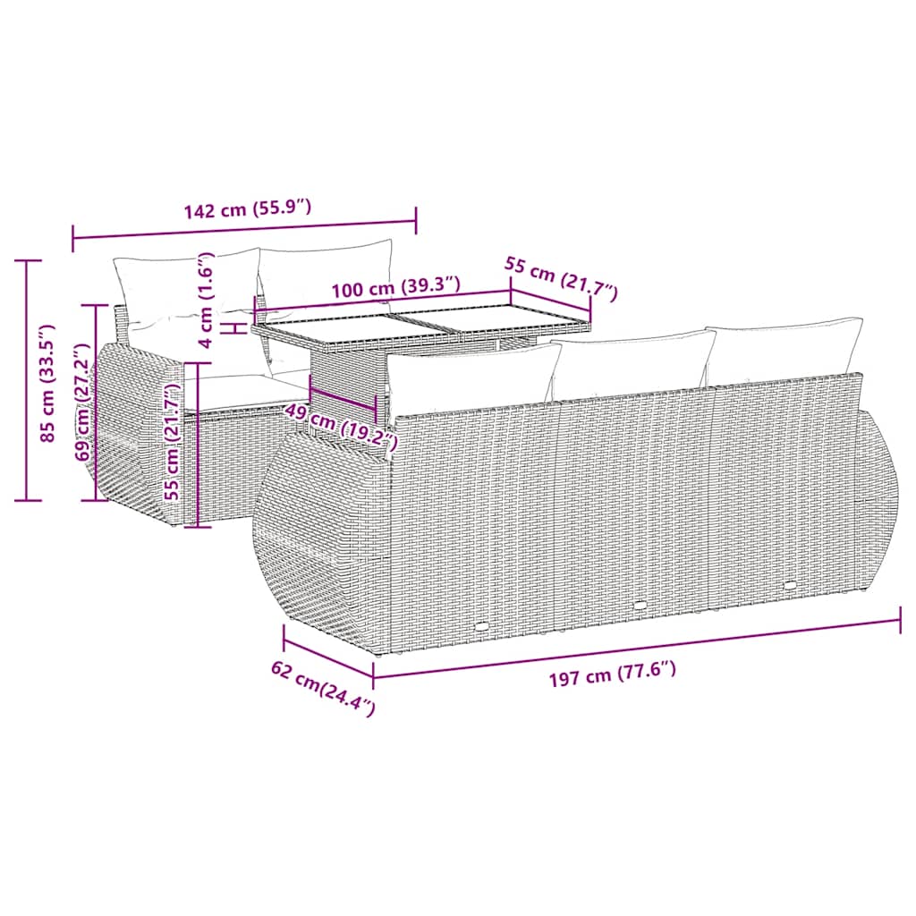 6-tlg. Garten-Sofagarnitur mit Kissen Grau Poly Rattan Akazie
