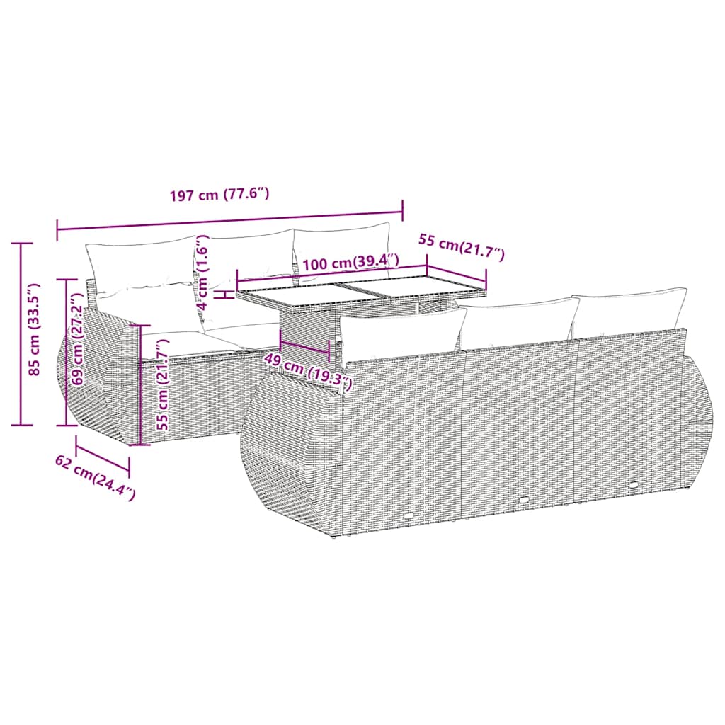 7-tlg. Garten-Sofagarnitur mit Kissen Schwarz Poly Rattan