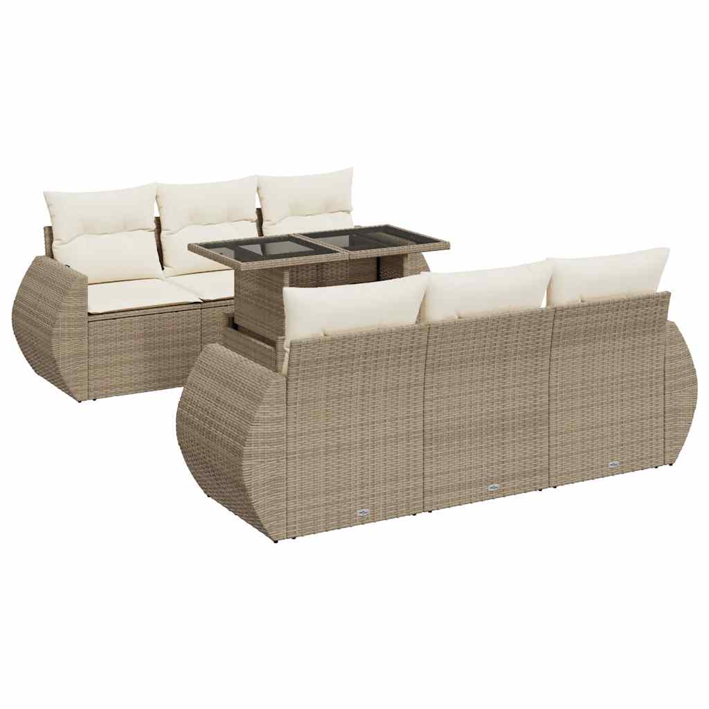 7-tlg. Garten-Sofagarnitur mit Kissen Beige Poly Rattan