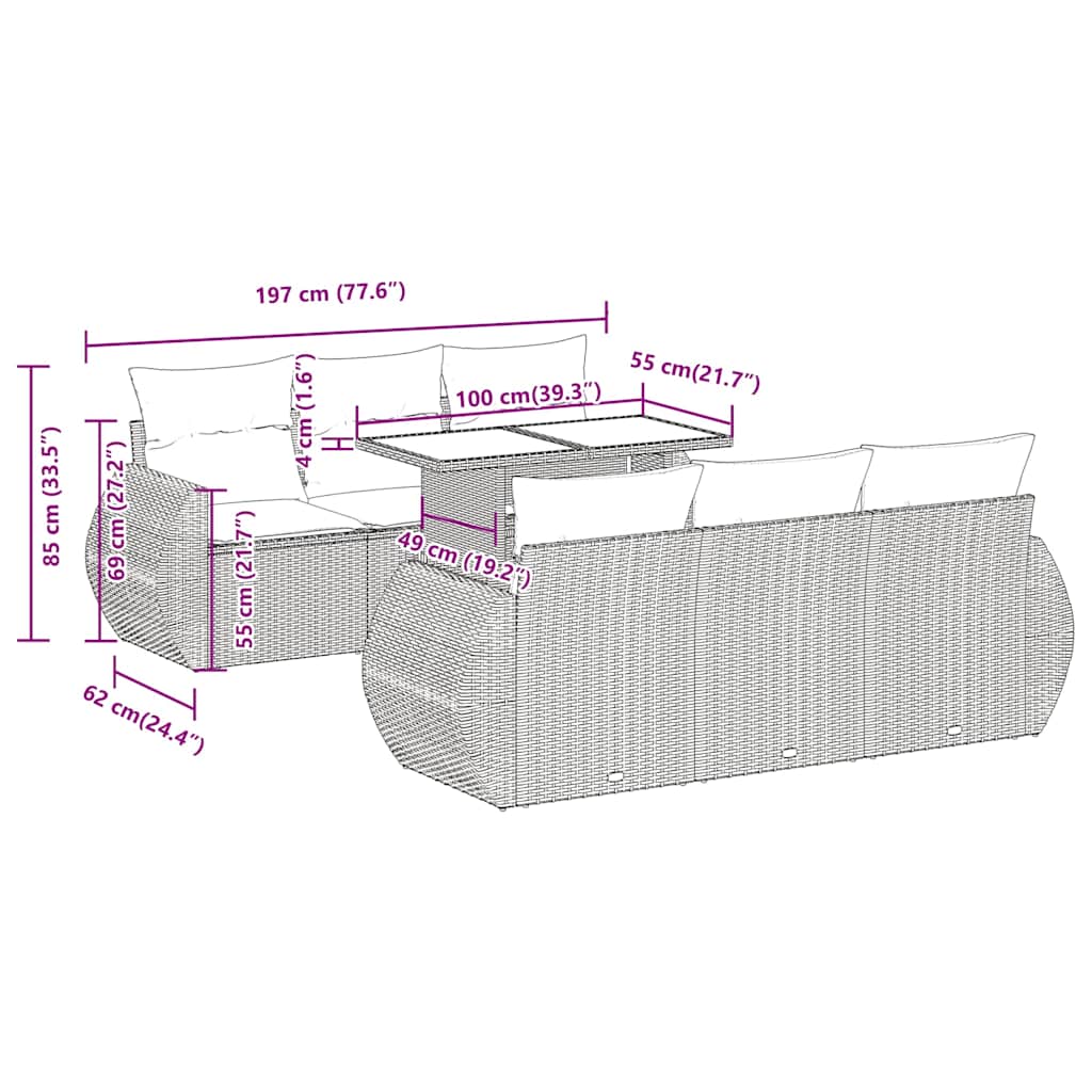 7-tlg. Garten-Sofagarnitur mit Kissen Braun Poly Rattan