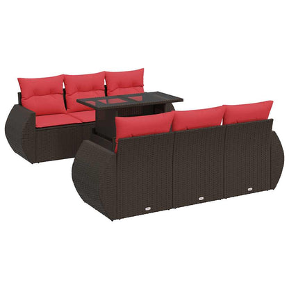 7-tlg. Garten-Sofagarnitur mit Kissen Braun Poly Rattan Akazie