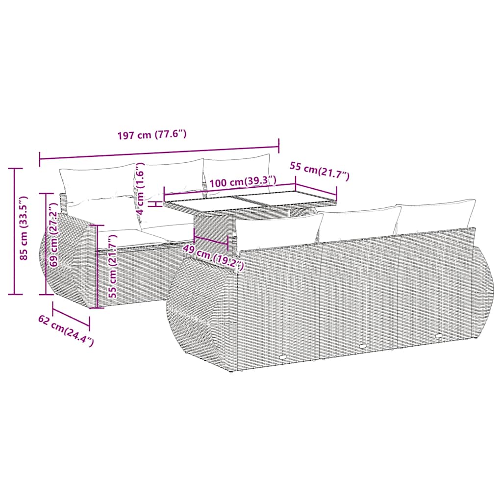 7-tlg. Garten-Sofagarnitur mit Kissen Braun Poly Rattan Akazie