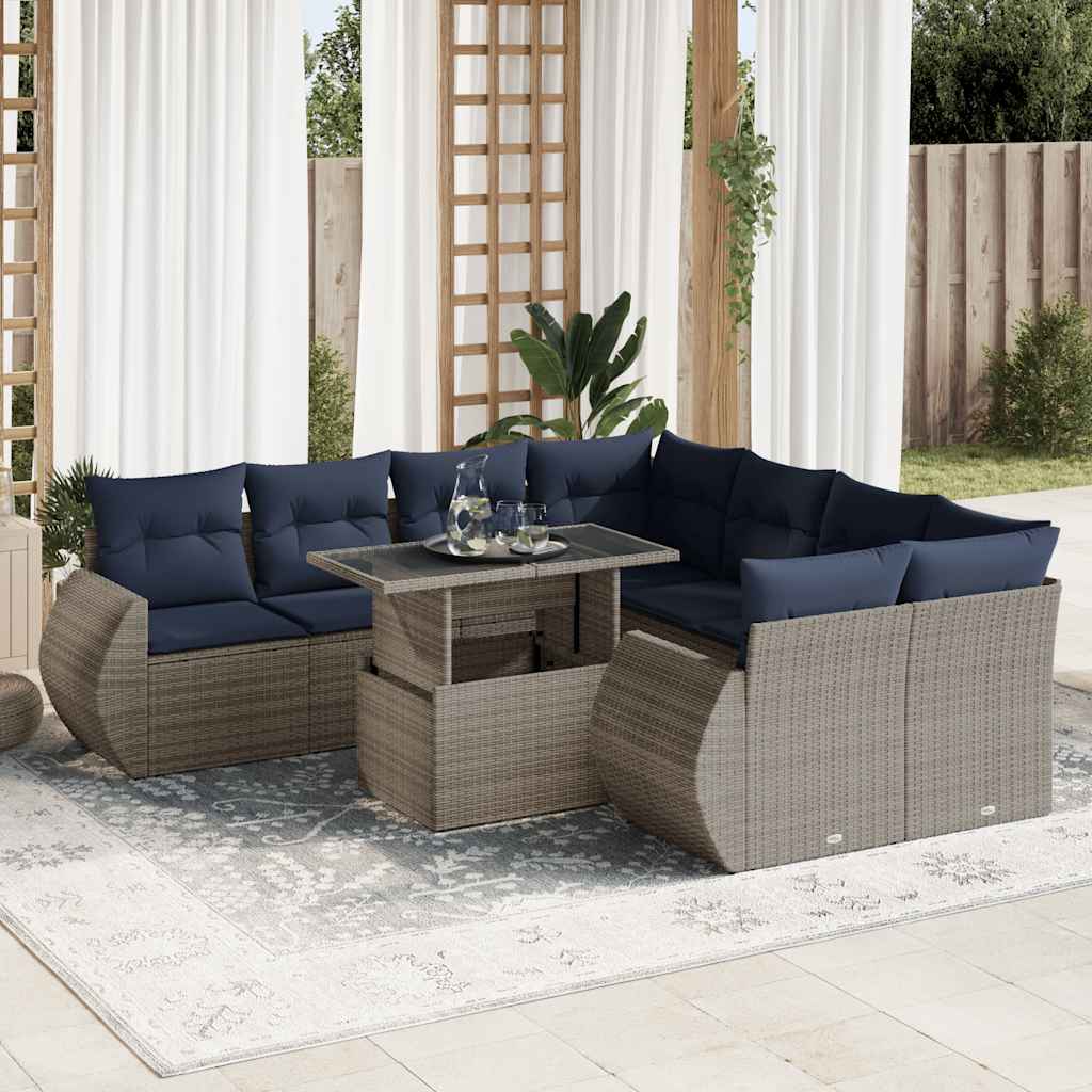 9-tlg. Garten-Sofagarnitur mit Kissen Grau Poly Rattan Akazie
