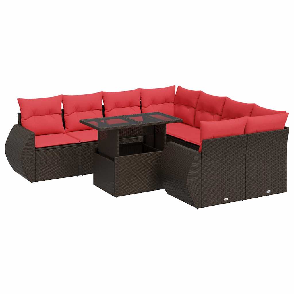 9-tlg. Garten-Sofagarnitur mit Kissen Braun Poly Rattan Akazie