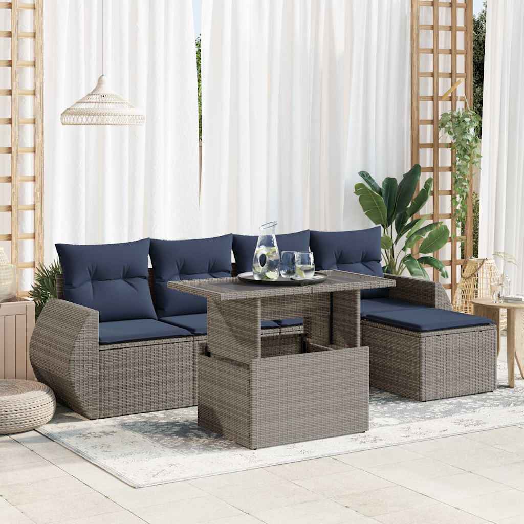 6-tlg. Garten-Sofagarnitur mit Kissen Grau Poly Rattan Akazie