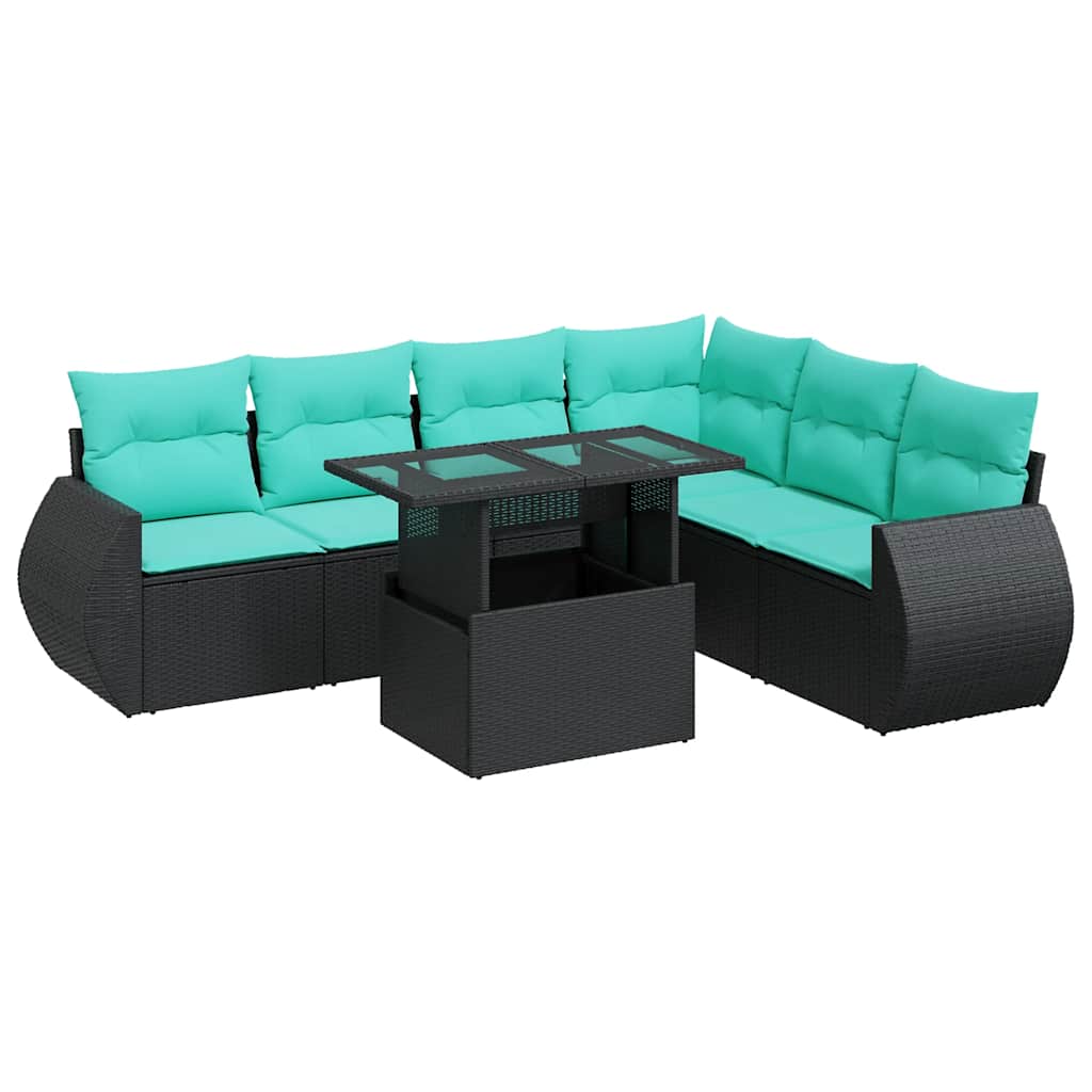 7-tlg. Garten-Sofagarnitur mit Kissen Schwarz Poly Rattan