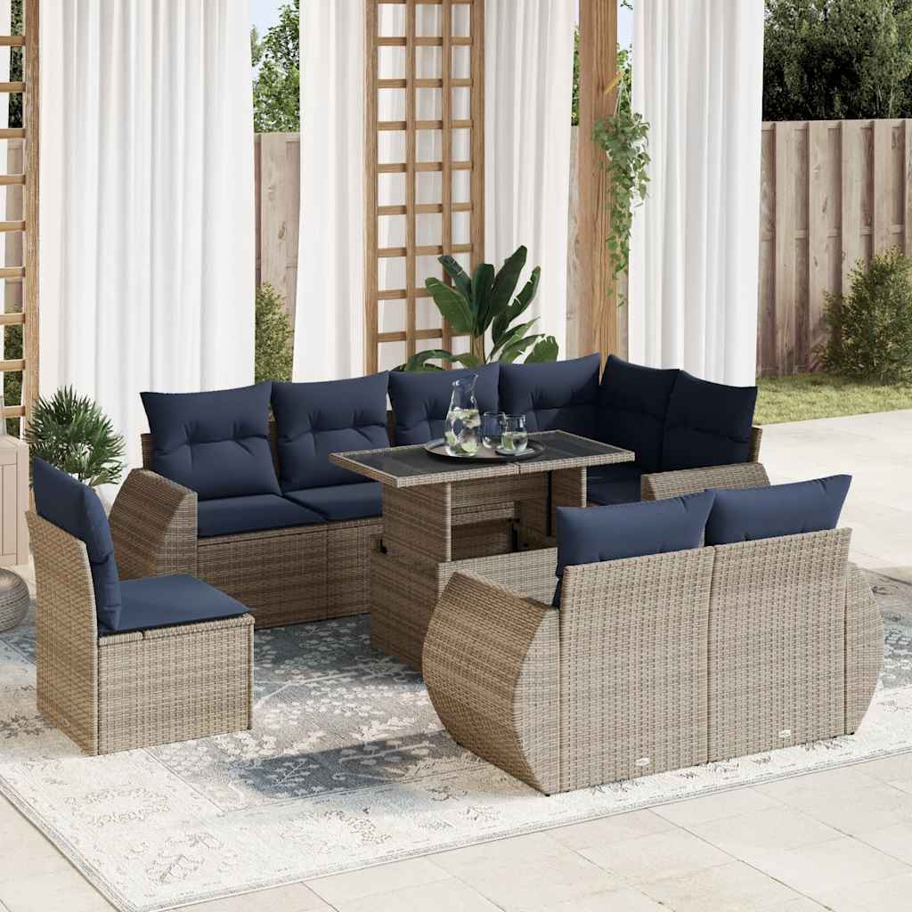 9-tlg. Garten-Sofagarnitur mit Kissen Grau Poly Rattan Akazie