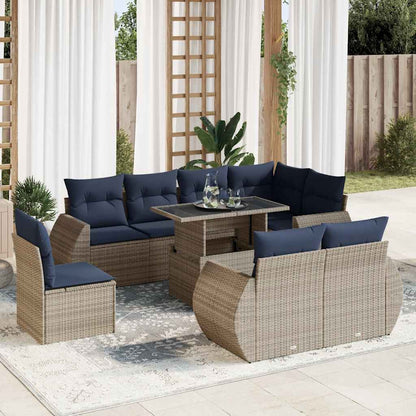 9-tlg. Garten-Sofagarnitur mit Kissen Grau Poly Rattan Akazie