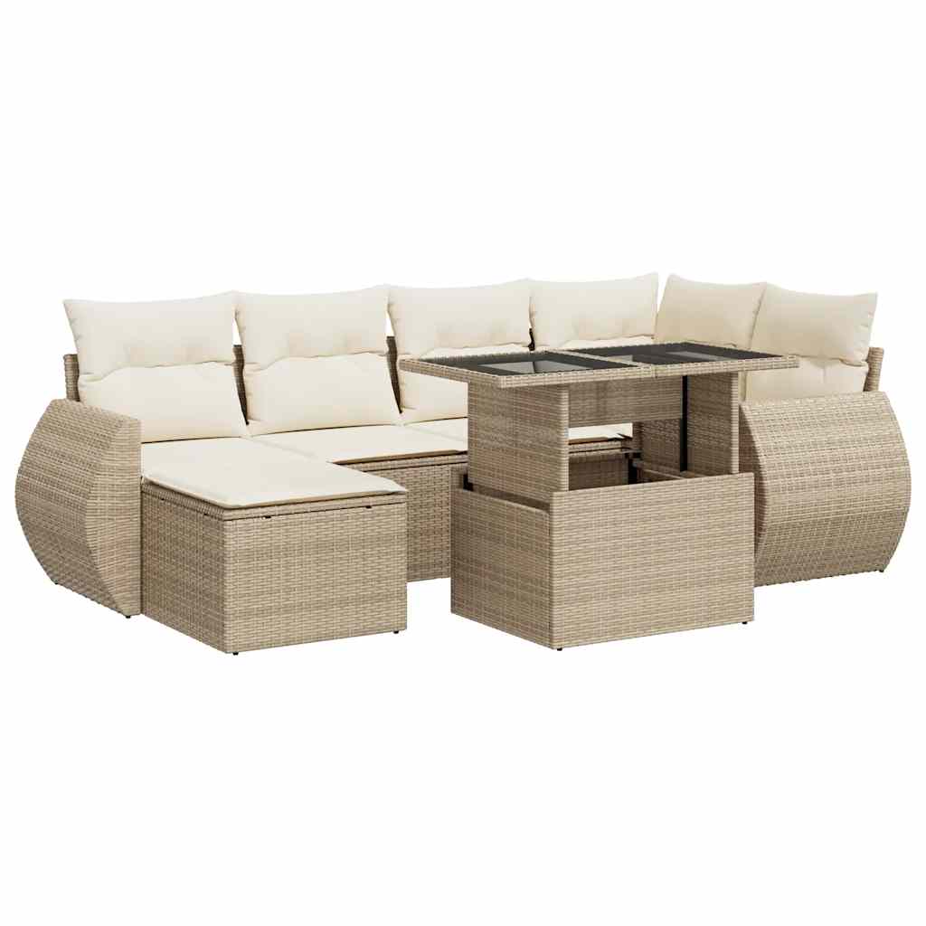 7-tlg. Garten-Sofagarnitur mit Kissen Beige Poly Rattan