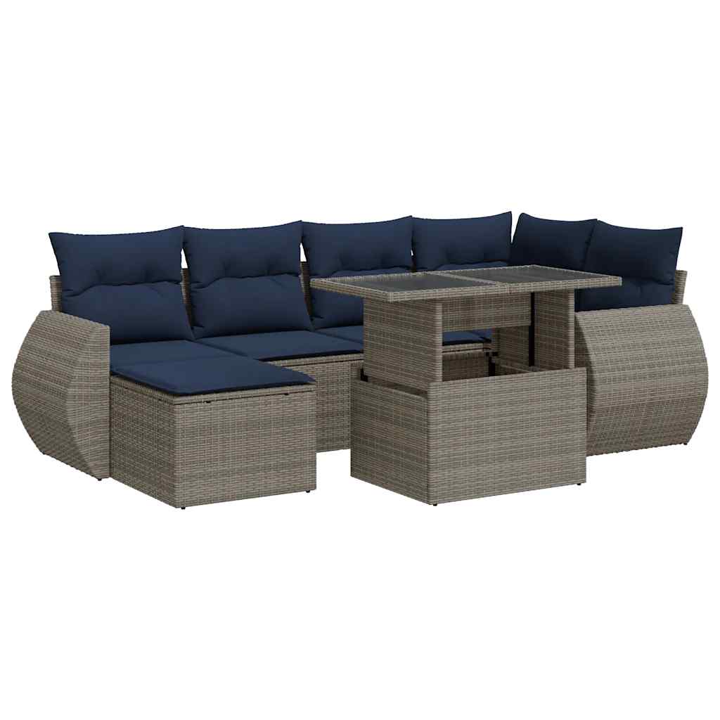 7-tlg. Garten-Sofagarnitur mit Kissen Grau Poly Rattan Akazie