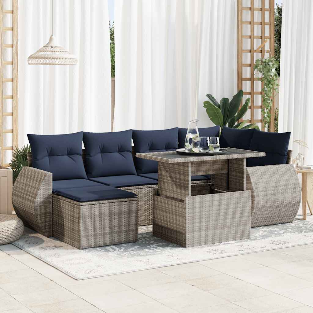 7-tlg. Garten-Sofagarnitur mit Kissen Grau Poly Rattan Akazie