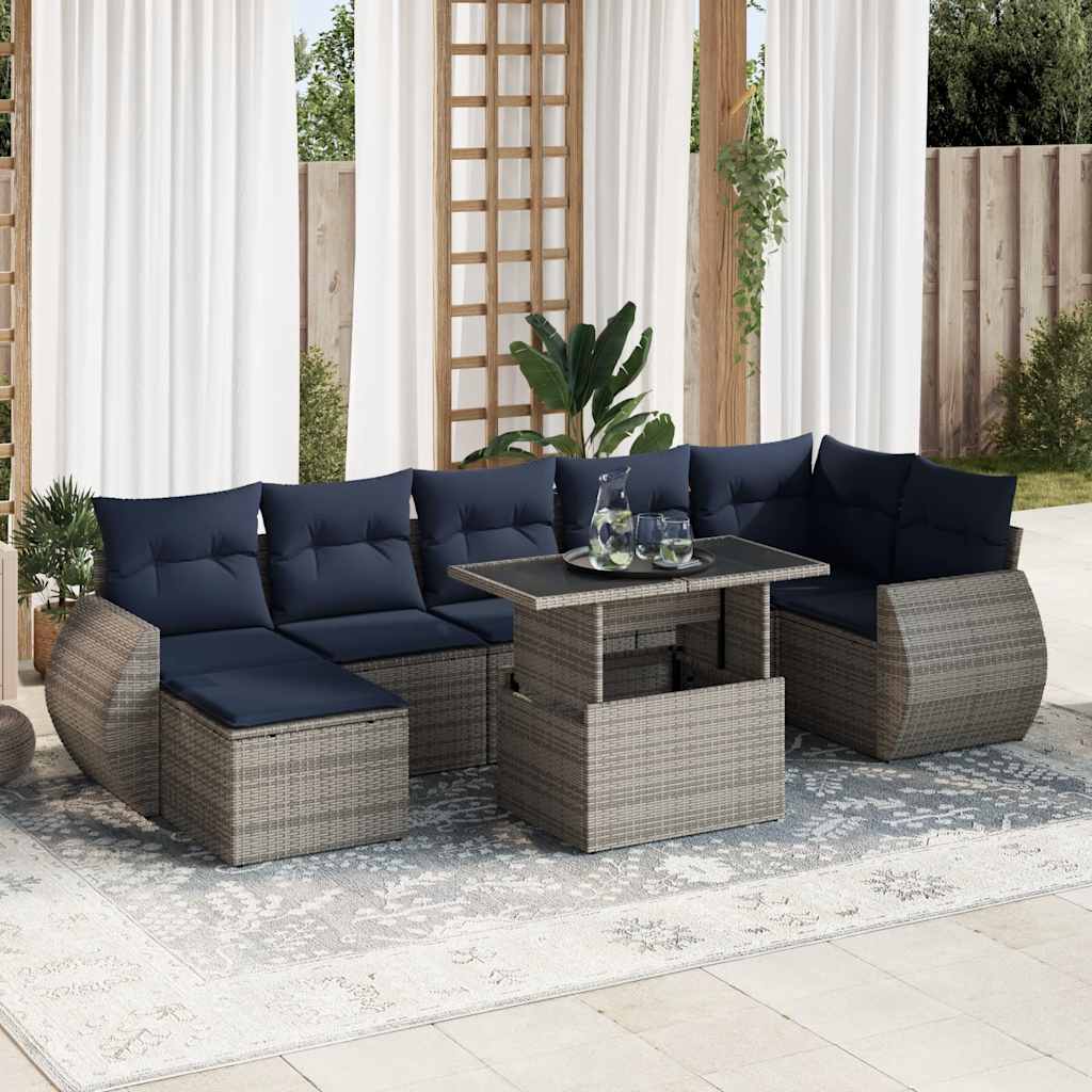 8-tlg. Garten-Sofagarnitur mit Kissen Grau Poly Rattan Akazie