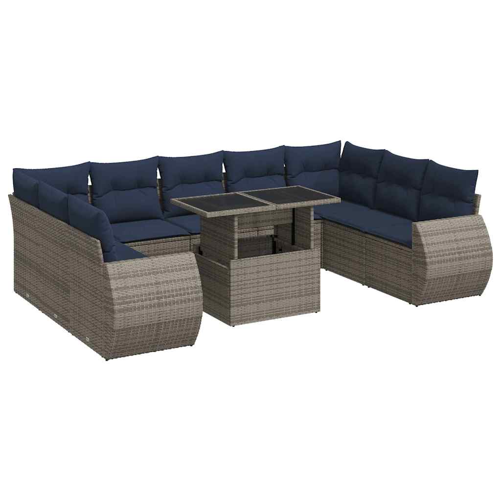10-tlg. Garten-Sofagarnitur mit Kissen Grau Poly Rattan Akazie