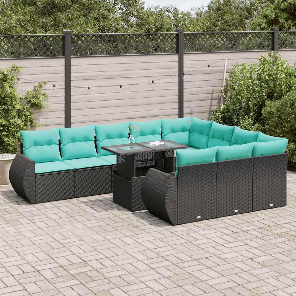 11-tlg. Garten-Sofagarnitur mit Kissen Schwarz Poly Rattan
