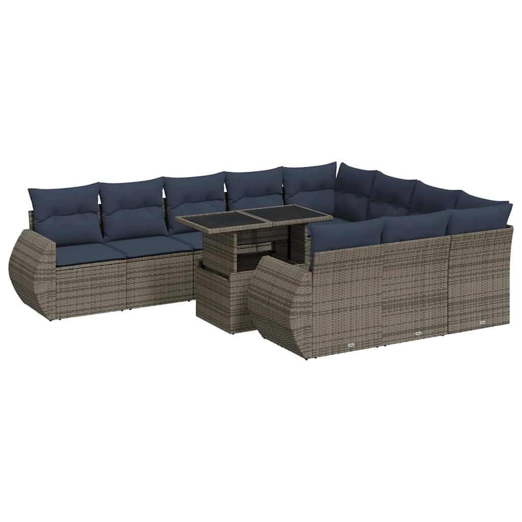 11-tlg. Garten-Sofagarnitur mit Kissen Grau Poly Rattan Akazie
