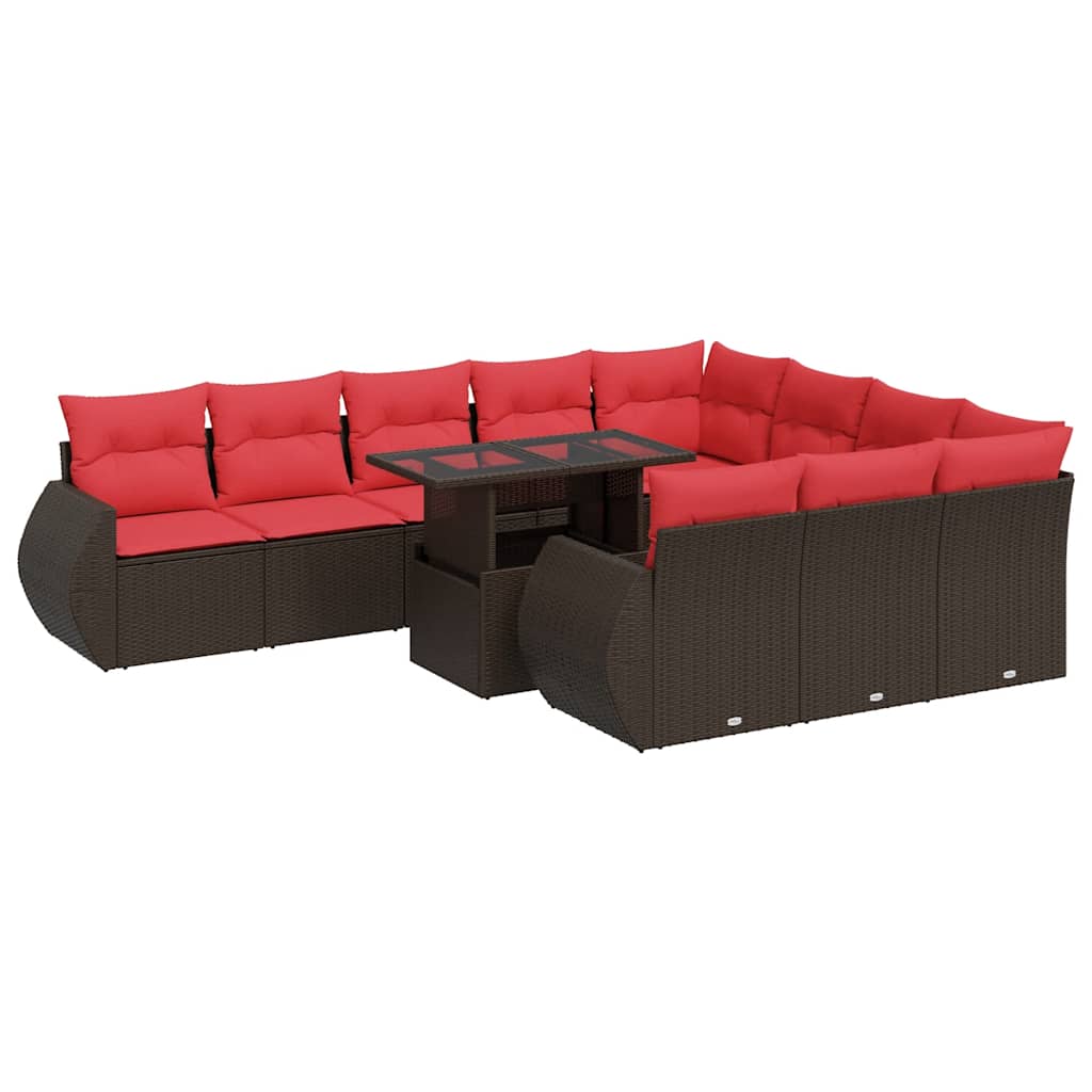11-tlg. Garten-Sofagarnitur mit Kissen Braun Poly Rattan Akazie