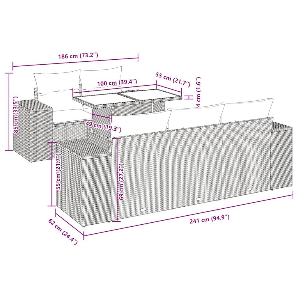 6-tlg. Garten-Sofagarnitur mit Kissen Beige Poly Rattan